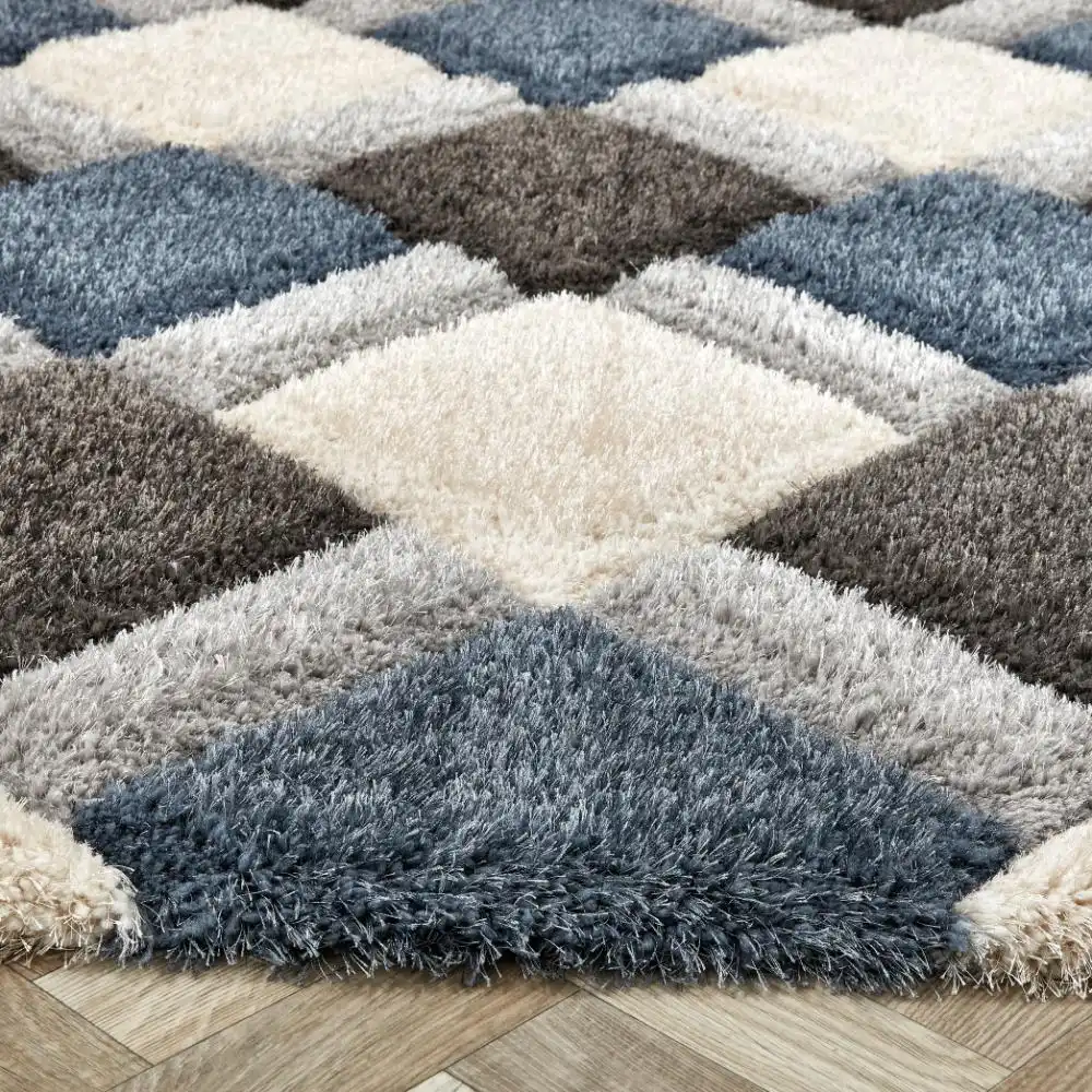 3D Geo Shaggy Petrol Blue Rug - Image 3