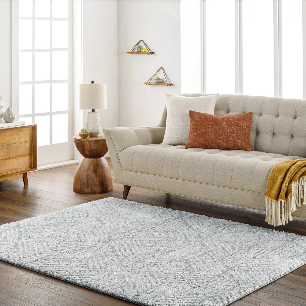 Allie Shaggy Geometric Plush Pile Light Grey Rug - Image 2