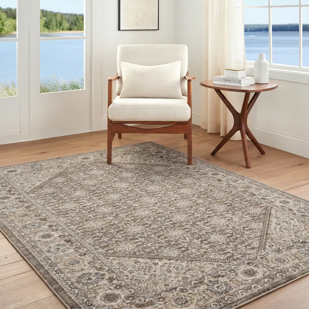 Arda Vintage Taupe Brown Grey Traditional Boho Fringe Living Dining Bedroom ACZ2313 Rug