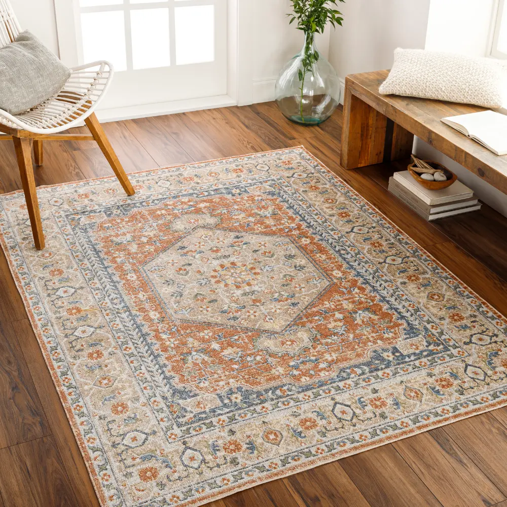 Boka Machine Washable Traditionnal Boho Burnt Orange Rug