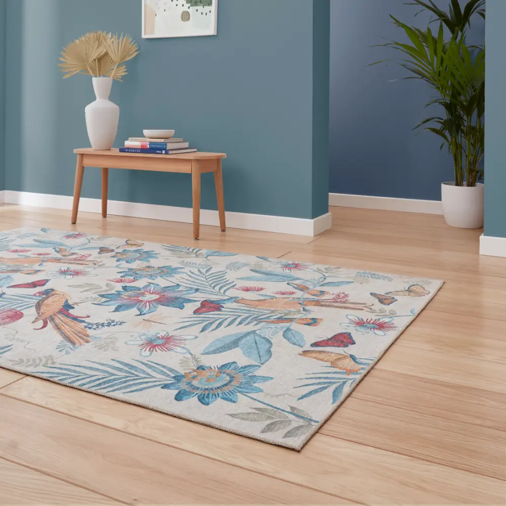 Catherine Lansfield Amaya Tropical Birds Blue Washable Blue Rug