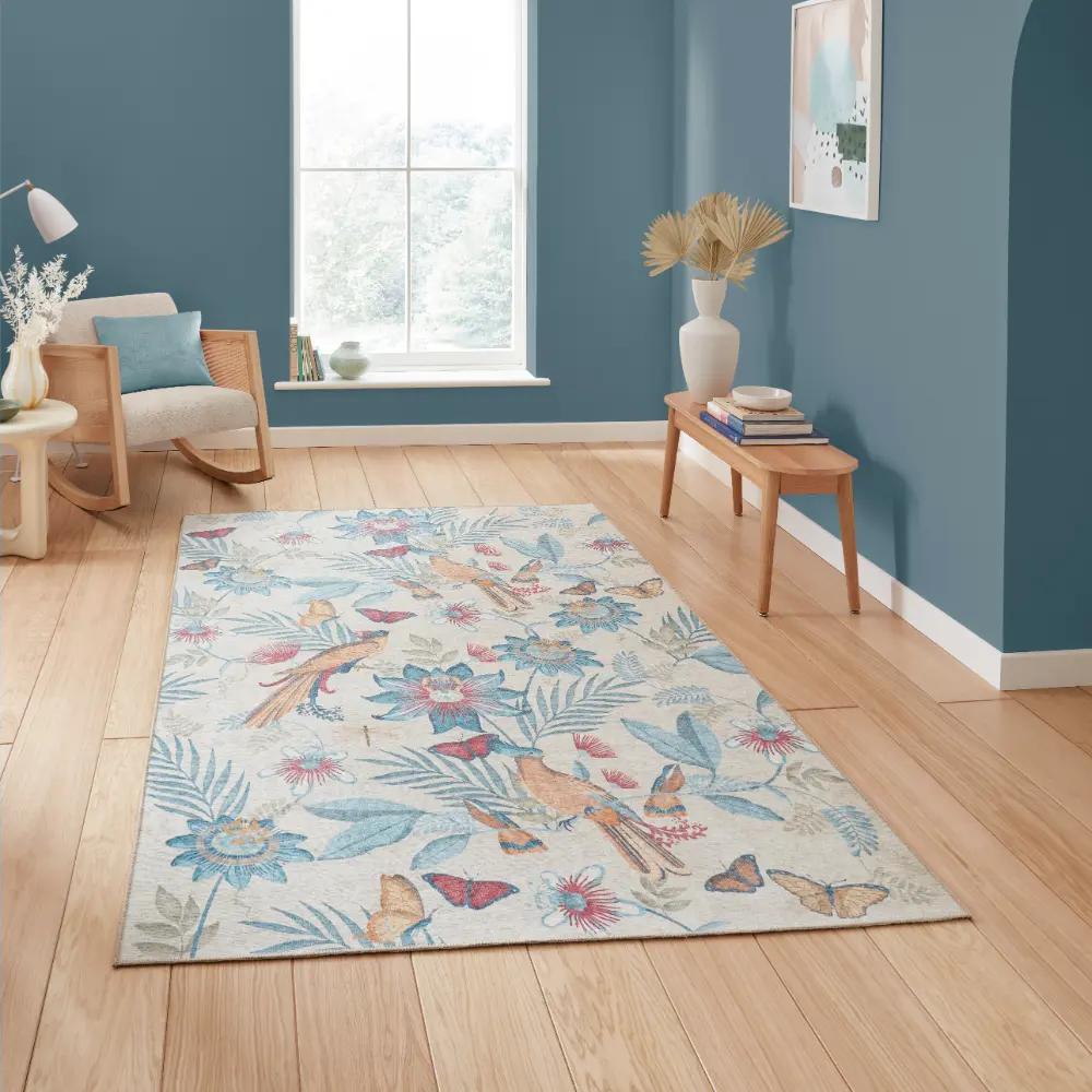 Catherine Lansfield Amaya Tropical Birds Blue Washable Blue Rug - Image 2