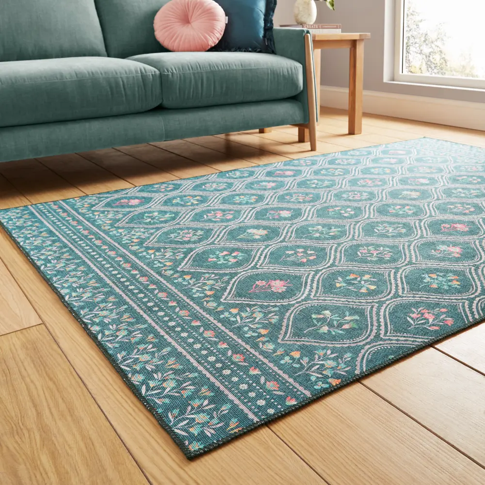 Catherine Lansfield Cameo Floral Green Washable Rug