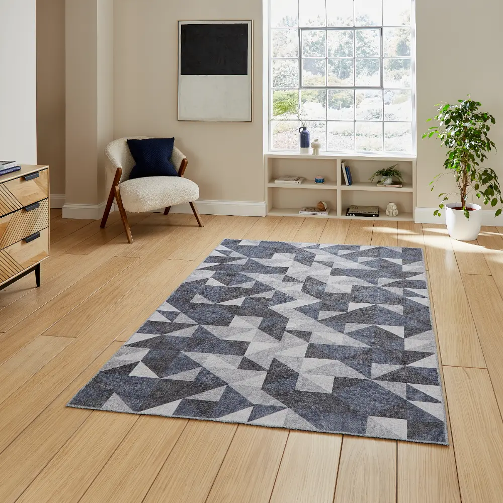 Coral H1057 Blue/Grey Modern Washable Rug