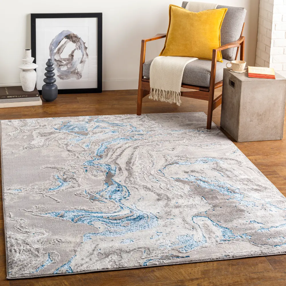 Dahlia Abstract Modern Marble Dark Blue Rug