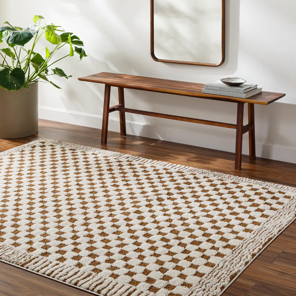 Ekta Scandi Modern High Pile Brown Checkered Rug