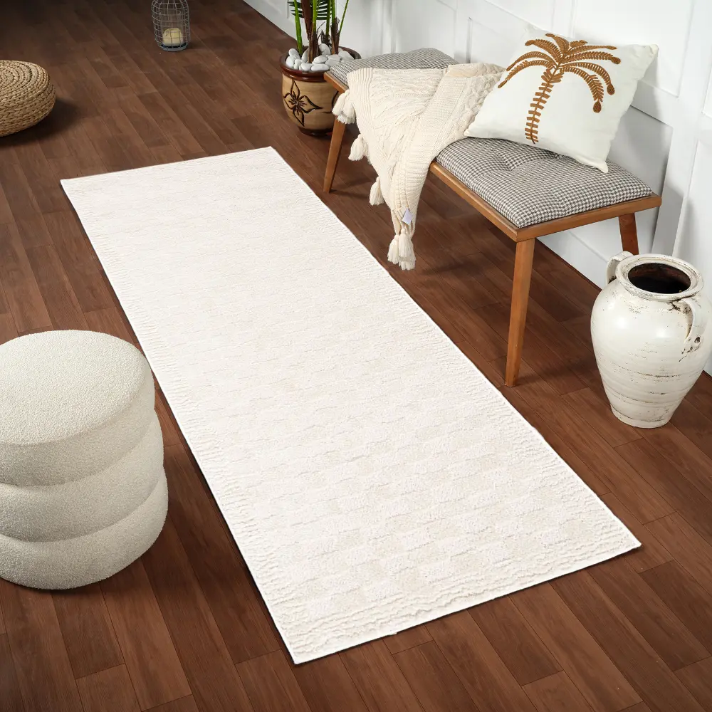 Ekta Scandi Modern High Pile Off-White Checkered Rug - Image 2