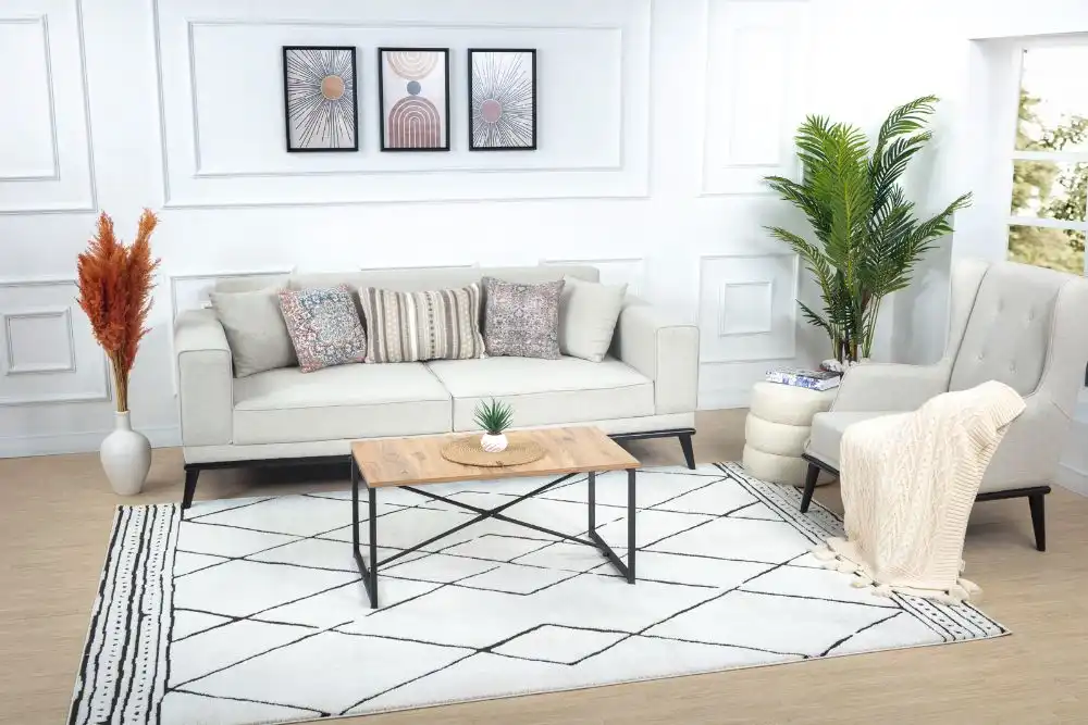Hannah Berber Modern High Pile Ivory Black Rug