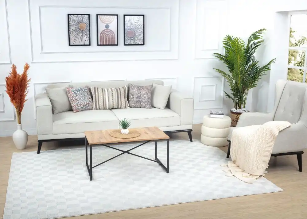 Irina Scandi Modern High Pile Off-White/Ivory Checkered Rug