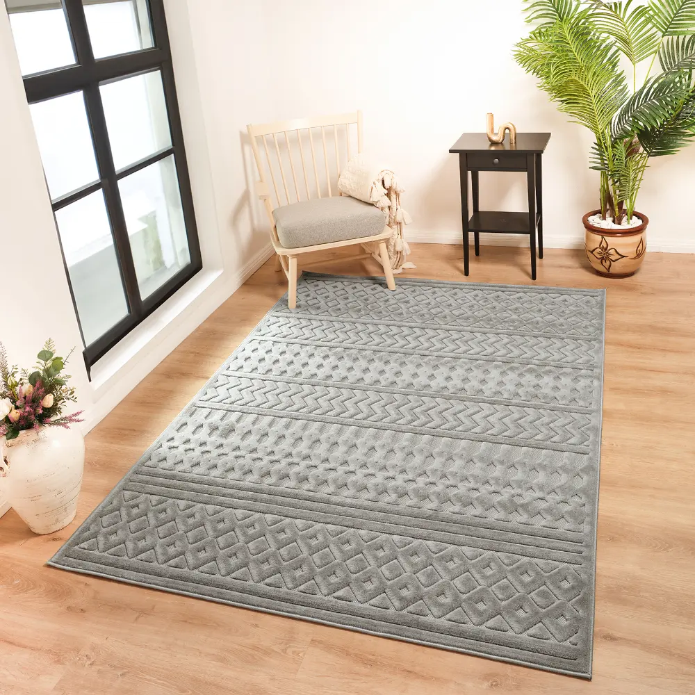 Haruka In- & Outdoor 3D High & Low Pile Textured Grey Rug