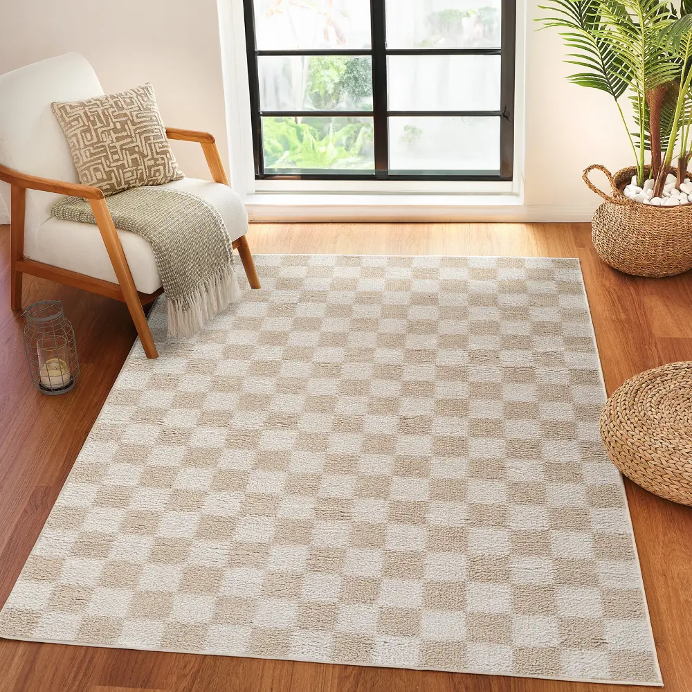 Izaline Machine Washable Checkered Shaggy Beige Rug