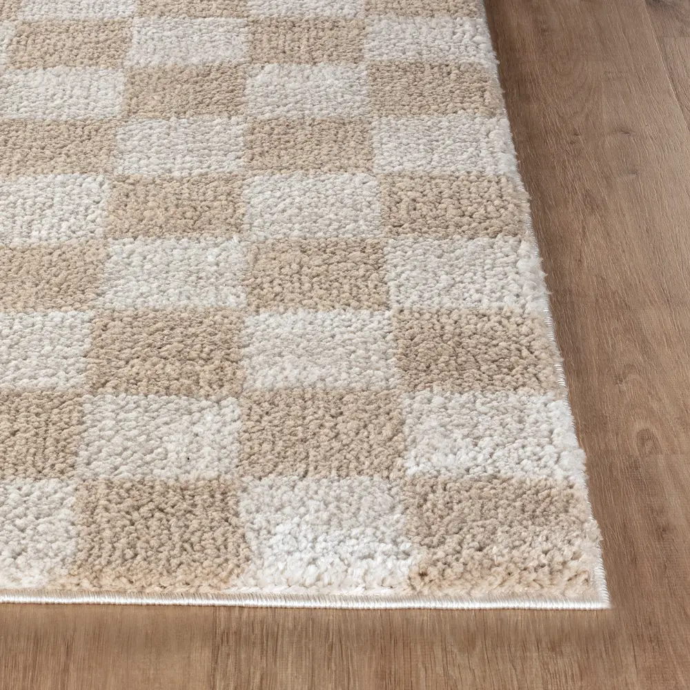 Izaline Machine Washable Checkered Shaggy Beige Rug - Image 8