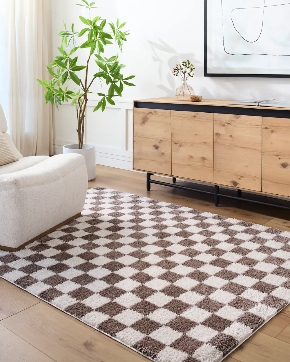 Izaline Machine Washable Checkered Shaggy Dark Brown Rug