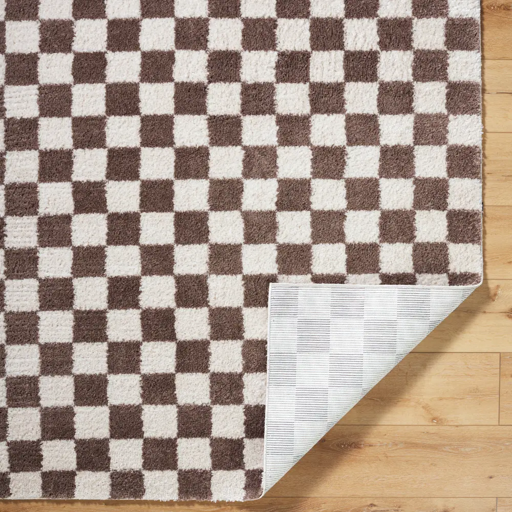 Izaline Machine Washable Checkered Shaggy Dark Brown Rug - Image 3