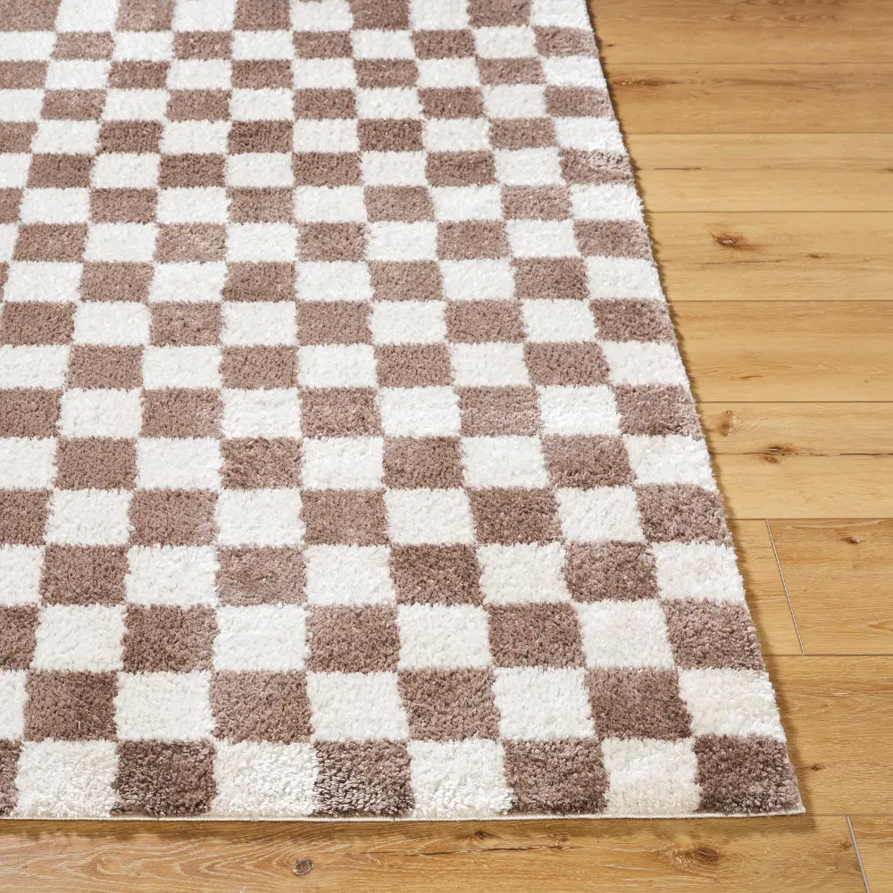 Izaline Machine Washable Checkered Shaggy Dark Brown Rug - Image 4
