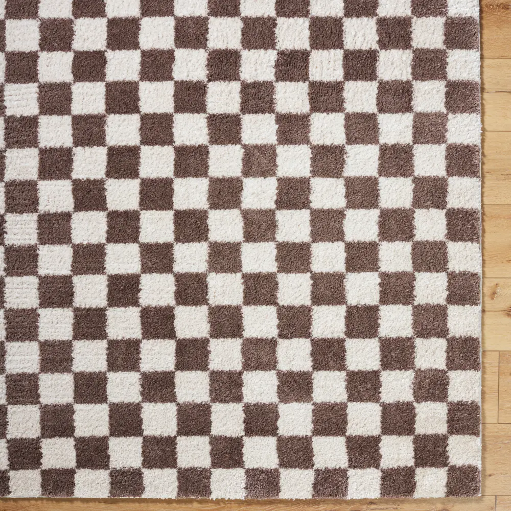 Izaline Machine Washable Checkered Shaggy Dark Brown Rug - Image 5