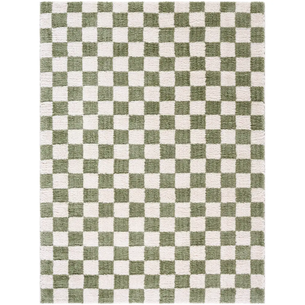 Izaline Machine Washable Checkered Shaggy Grass Green Rug - Image 2