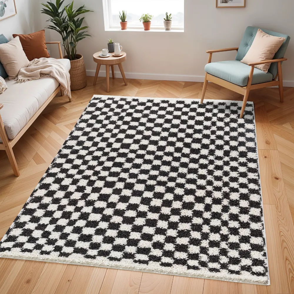 Kittu Shaggy Modern Plush Pile Dark Grey Checkered Rug