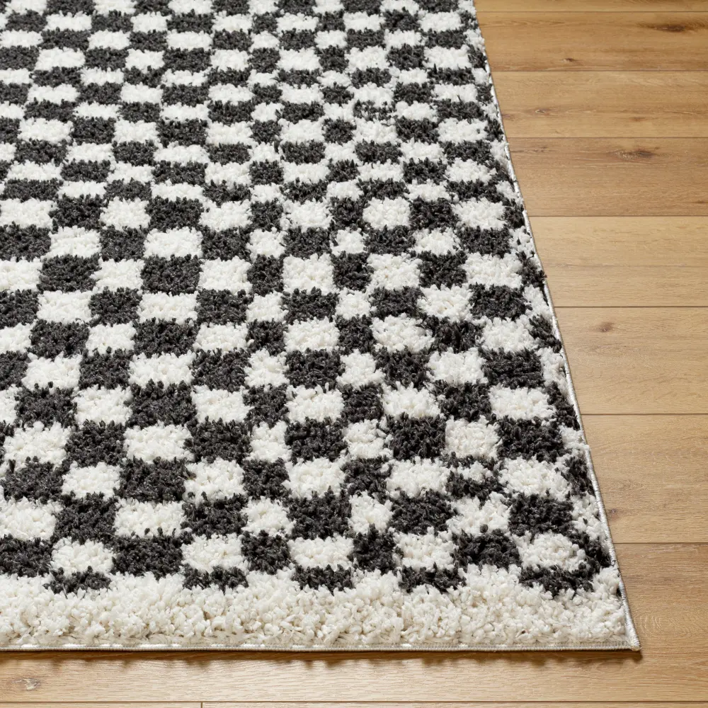 Kittu Shaggy Modern Plush Pile Dark Grey Checkered Rug - Image 6