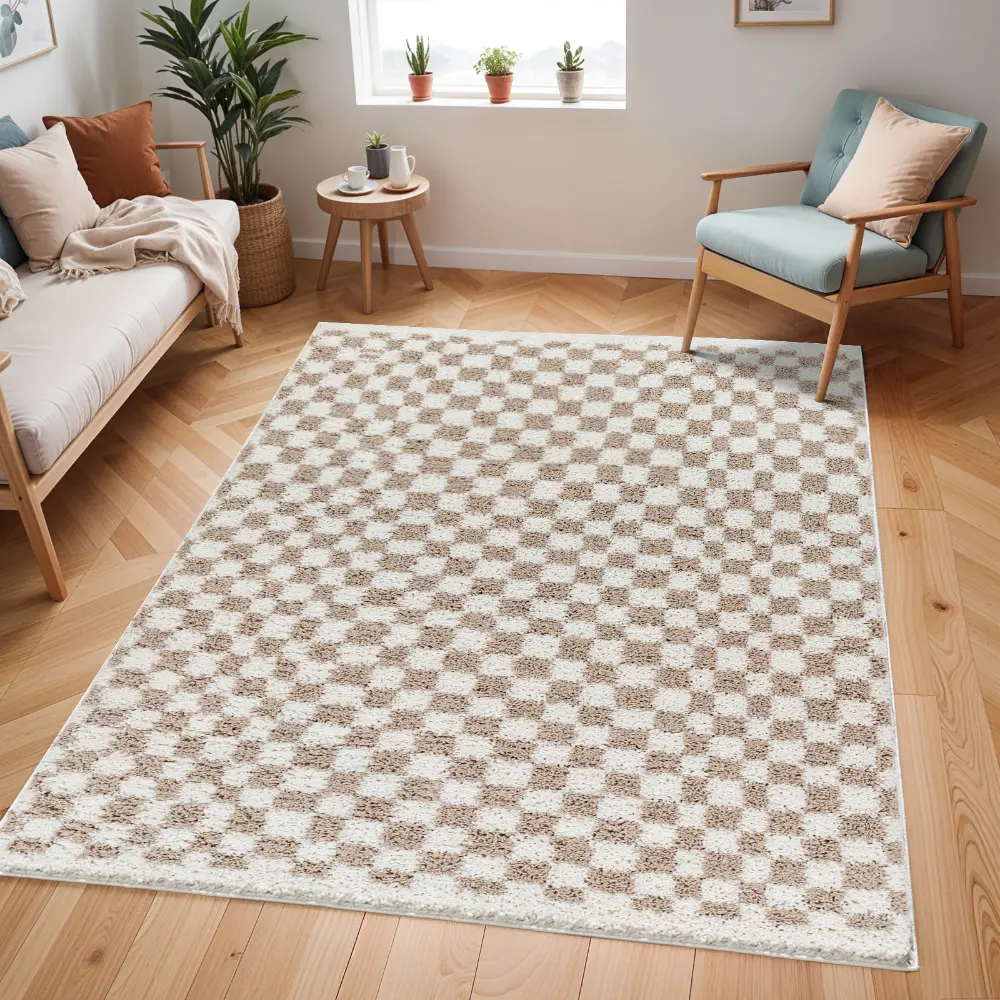 Kittu Shaggy Modern Plush Pile Light Brown Checkered Rug