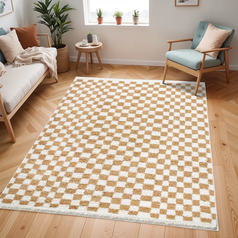 Kittu Shaggy Modern Plush Pile Saffron Checkered Rug