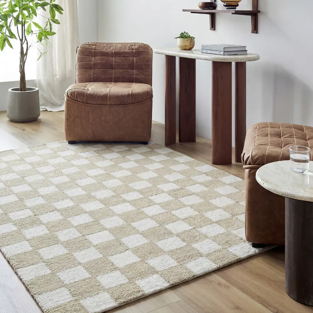 Klopp Hand Tufted Beige Ivory Wool Checkered Living Dining Bedroom KPP2302 Rug