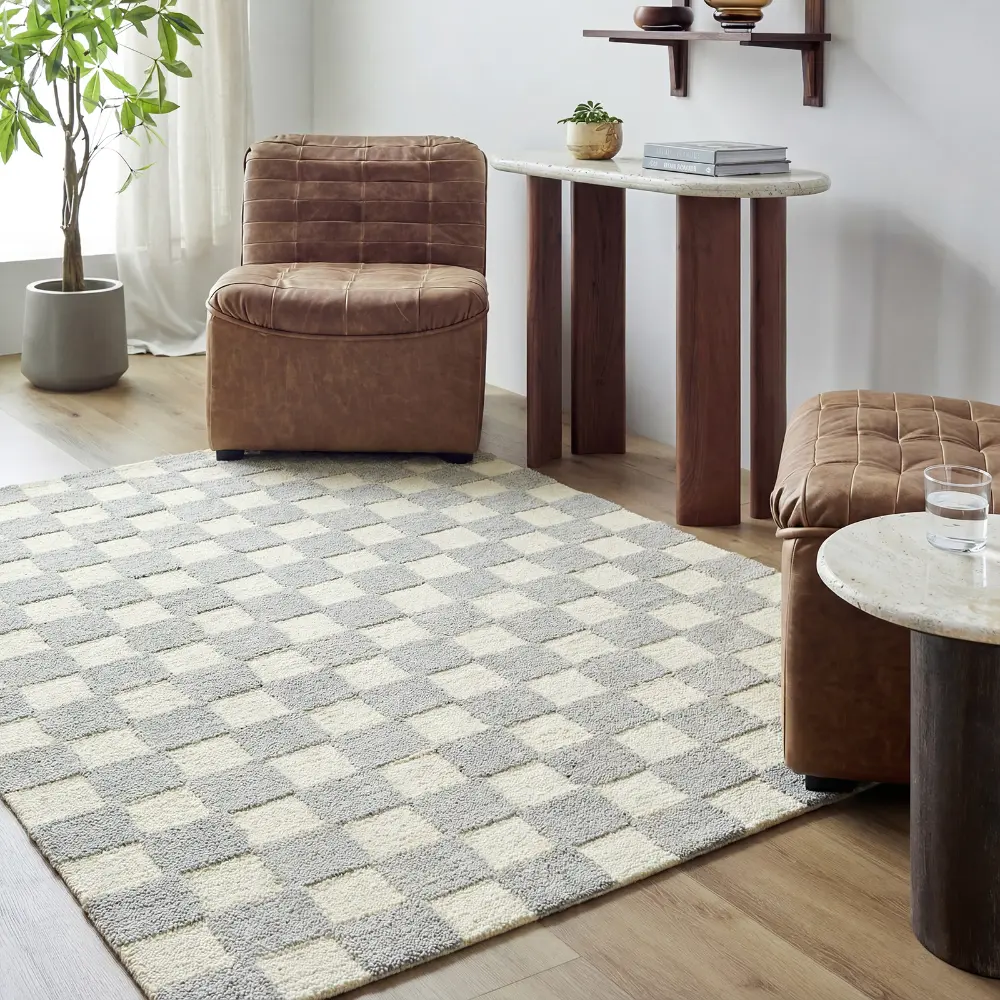 Klopp Hand Tufted Grey Ivory Wool Checkered Living Dining Bedroom KPP2300 Rug