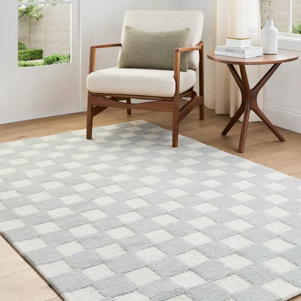 Klopp Hand Tufted Grey Ivory Wool Checkered Living Dining Bedroom KPP2300 Rug - Image 2