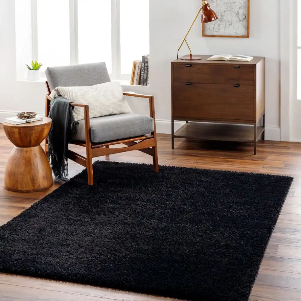 Claire Shaggy Solid Color Plush Pile Black Rug