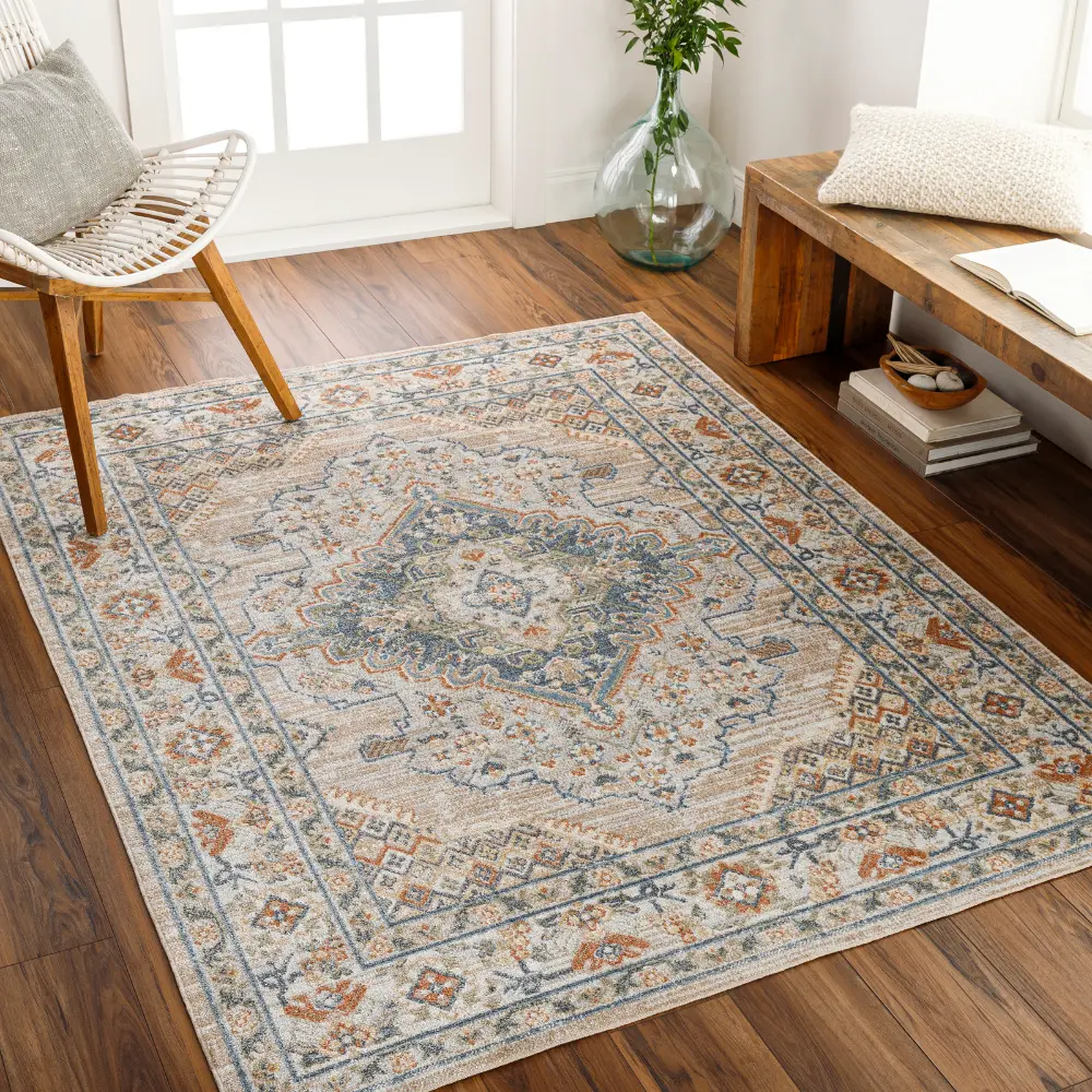 Marion Machine Washable Oriental Boho Oatmeal/Rust Rug