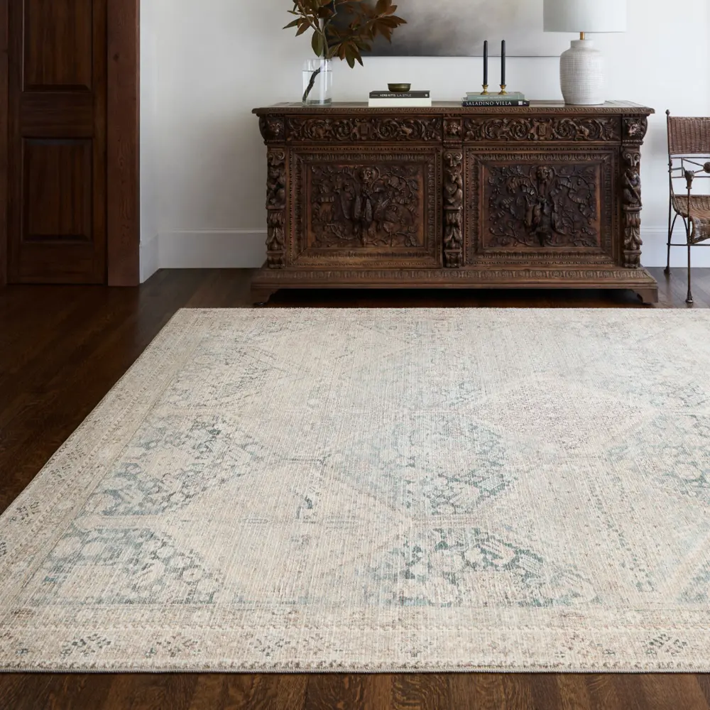 Marlene Becki Owens X Livabliss Vintage Oriental Boho Light Beige/Emerald Rug - Image 2