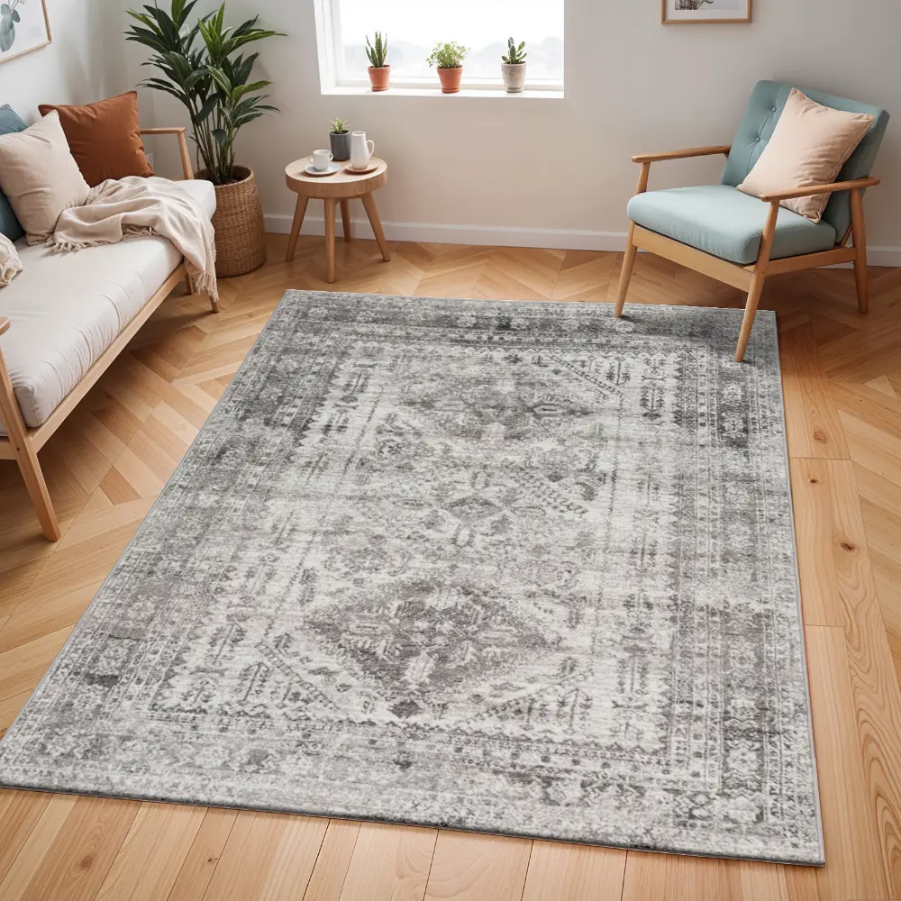 Neelam Vintage Oriental Boho Light Grey/White/Charcoal Rug
