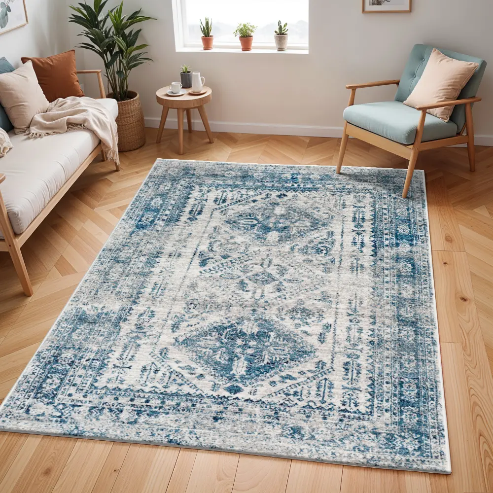 Neelam Vintage Oriental Boho Sky Blue/Light Grey/White/Navy Rug