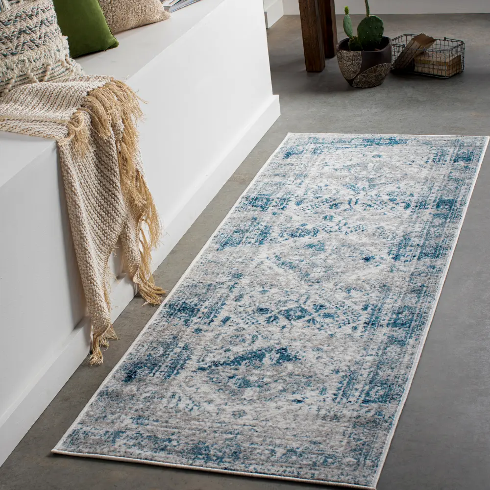 Neelam Vintage Oriental Boho Sky Blue/Light Grey/White/Navy Rug - Image 3