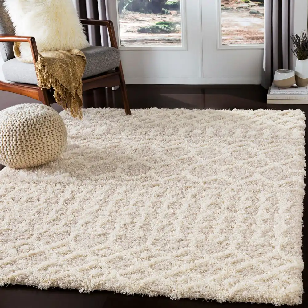 Nour Shaggy Geometric Plush Pile Cream Beige Rug