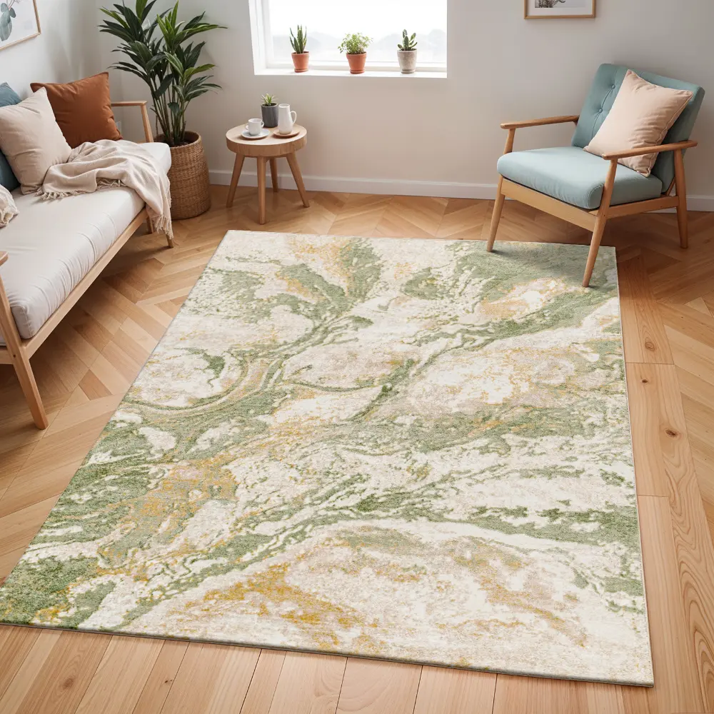 Octavia Abstract Modern Marble Moss Green Rug