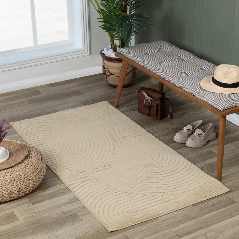 Reyko In- & Outdoor 3D High & Low Pile Textured Beige Rug - Image 9