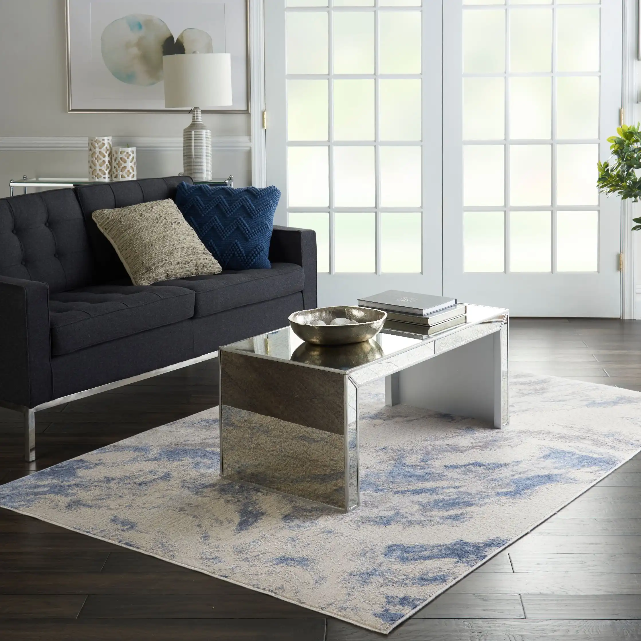 Silky Textures SLY03 Blue Ivory Grey Rug - Image 2