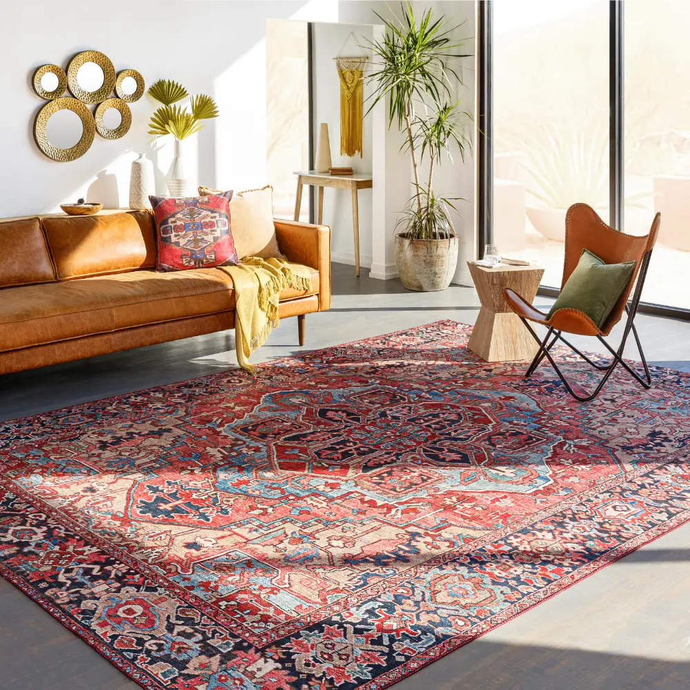 Viorica Vintage Oriental Boho Bright Red/Navy/Wheat/Ice Blue/Grass Rug - Image 2