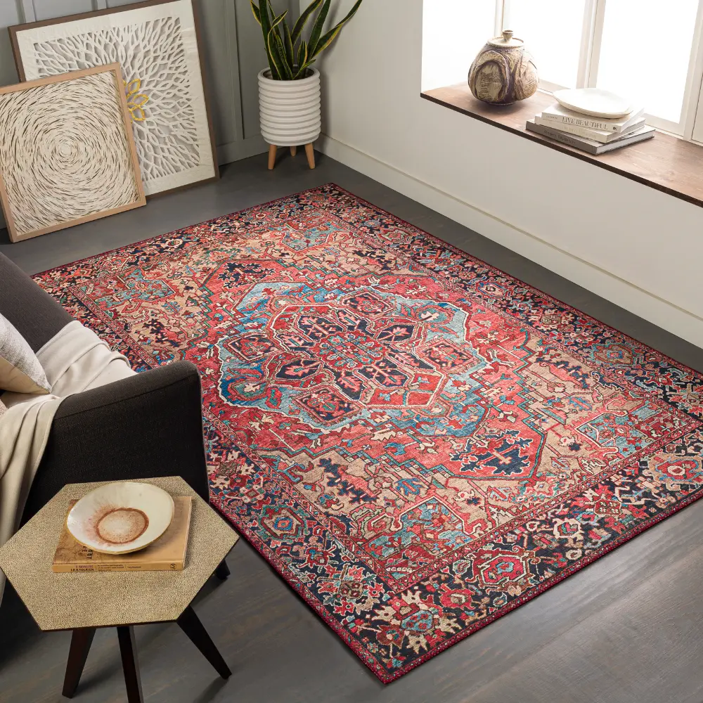 Viorica Vintage Oriental Boho Bright Red/Navy/Wheat/Ice Blue/Grass Rug - Image 4