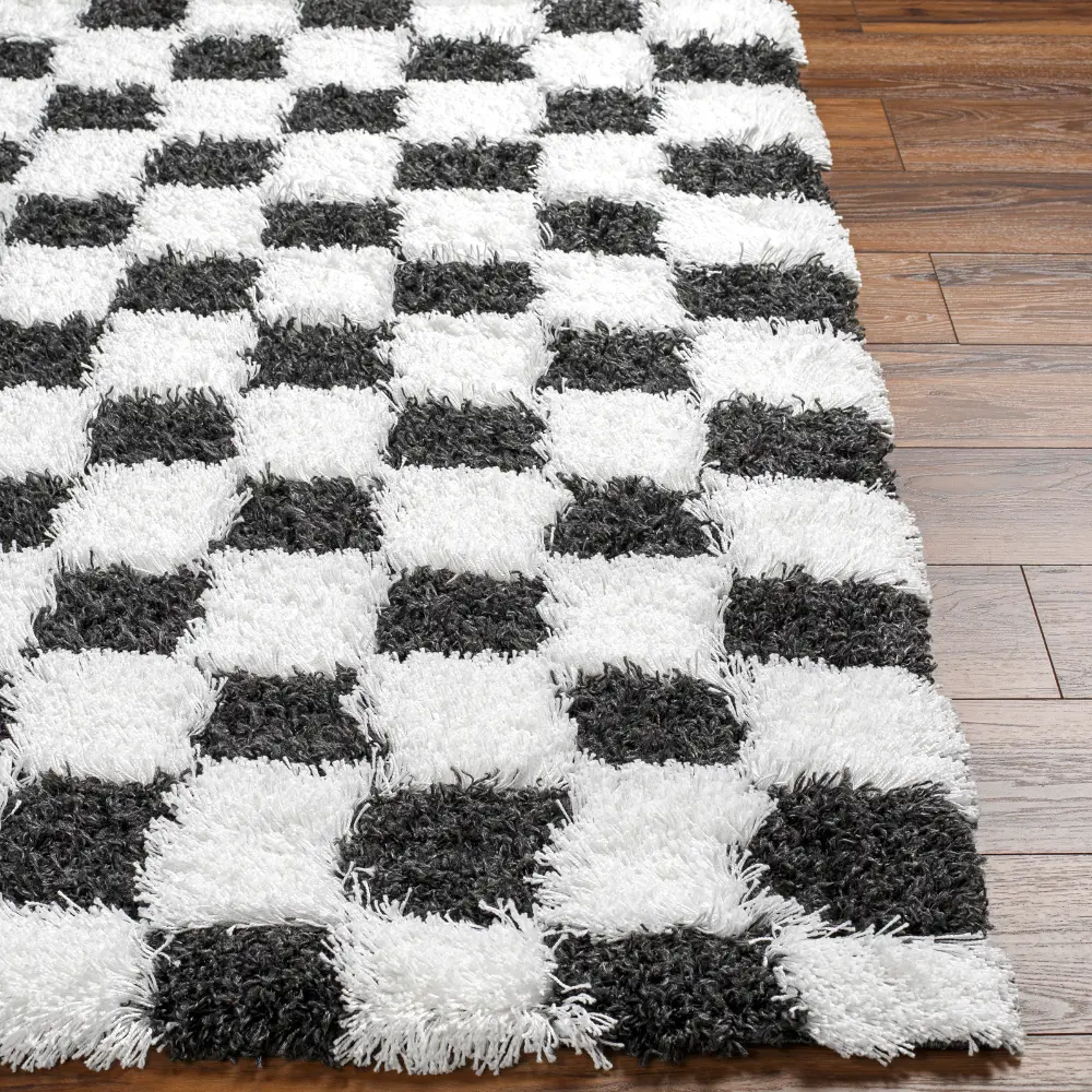 Willa Shaggy Modern Plush Pile Black Checkered Rug - Image 3