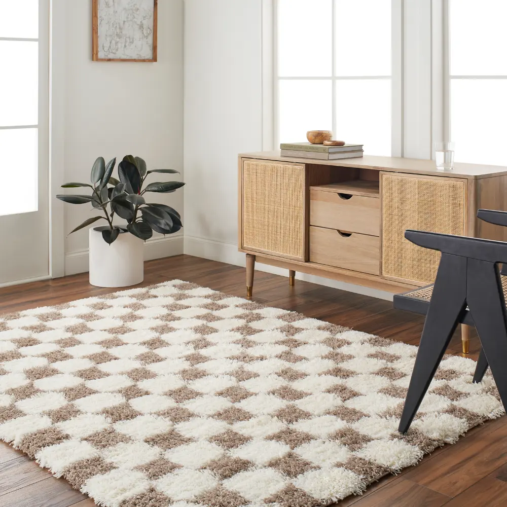Willa Shaggy Modern Plush Pile Brown Checkered Rug - Image 2