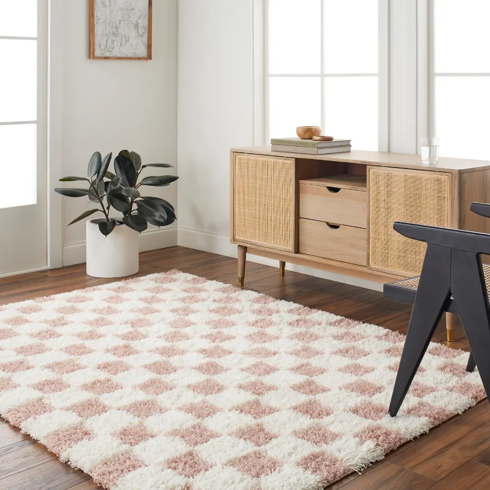 Willa Shaggy Modern Plush Pile Dusty Pink Checkered Rug - Image 2